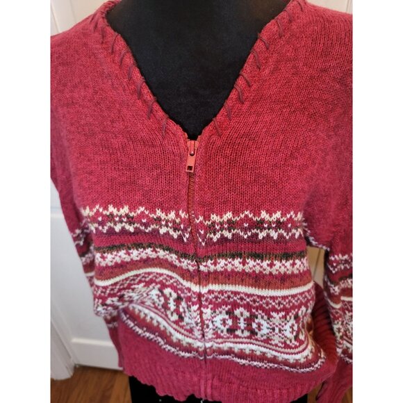 Tiara Vintage 90's Burgundy/White Fair Isle Zip Up Sweater M Apres' Ski Cozy - Picture 3 of 8